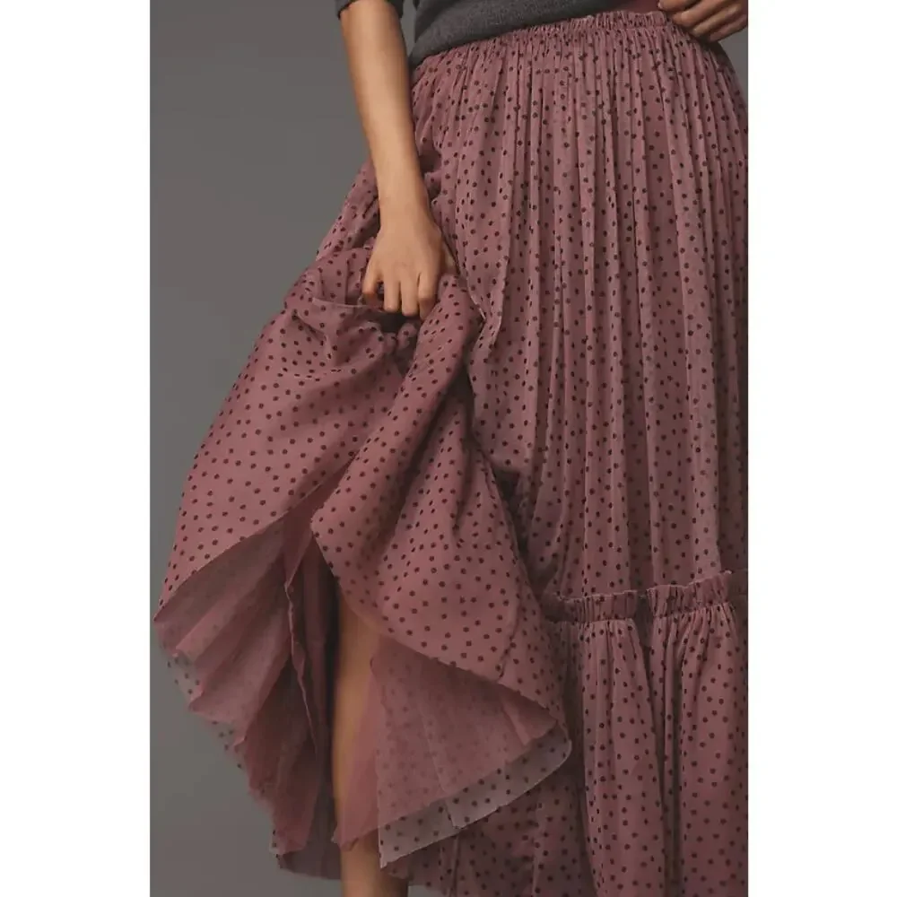 Anthropologie Maeve Tiered Tulle Polka Dot Midi Maxi Skirt Pink Purple Small